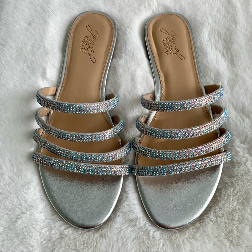 BADGLEY MISHKA JEWEL Flat Silver Slide Quartet Iridescent Jeweled Straps SIZE 7